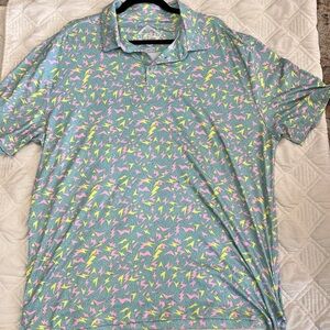 BURLEBO Men's Polo Shirt - Blue with Pink and Green Pattern